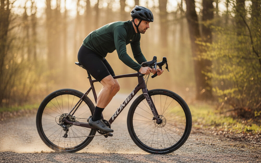 Rower gravel ROMET Nyk U23 28 cali Brązowo-beżowy 2023 droga las łąka osoba jedzie na rowerze po drodze środek transportu relaks pasja jazda na rowerze