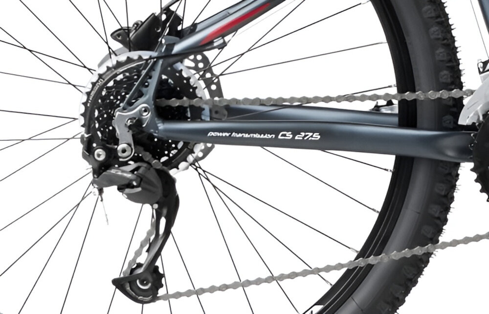 Rower górski MTB ROMET Rambler Fit U20 27.5 cala Czarno-czerwony zbliżenie na tylną przerzutkę przerzutki marki przerzutki marki SHIMANO 16 przełożeń duża wytrzymałość precyzyjne działanie przednia przerzutka SHIMANO Acera tylna przerzutka SHIMANO Alivio dla użytkownika amatorskiego i półprofesjonalnego do rekreacyjnej jazdy