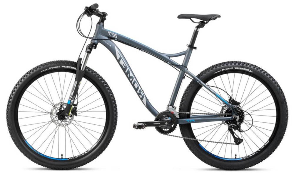 Rower górski MTB ROMET Rambler Fit U18 27.5 cala Czarno-srebrno-niebieski rower na białym tle widoczny z boku kierownica marki RMT typu Components 680mm / 31.8mm aluminiowy wsporniku lekkość trwałość antypoślizgowy materiał pewny chwyt specjalne gwinty możliwość przymocowania uchwytu na bidon