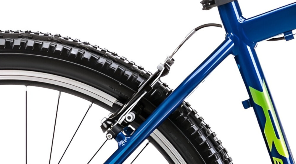 Rower górski MTB ROMET Rambler R6.0 M19 26 cali Niebiesko-limonkowy zbliżenie na tylny hamulec podstawa bezpieczeństwa hamulce V-Brake lekkie duża siła hamowania hamulce z przodu i z tyłu podwójny pakiet bezpieczeństwa