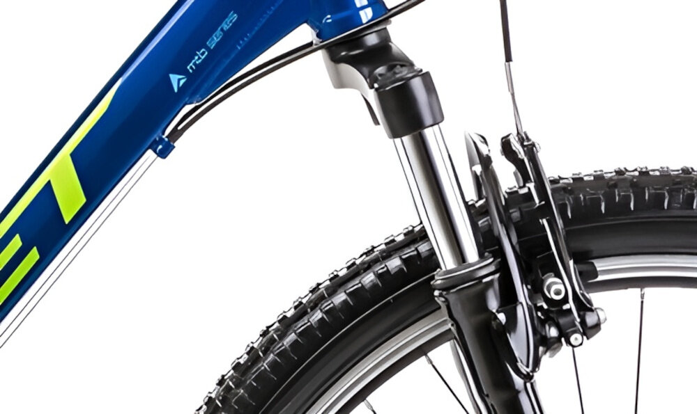 Rower górski MTB ROMET Rambler R6.0 M19 26 cali Niebiesko-limonkowy zbliżenie na amortyzator rower typu hardtail przedni amortyzowany widelec marki ROMET ułatwia najeżdżanie na przeszkody niweluje wstrząsy niska masa roweru duża sztywność regulacja za pomocą sprężyny obsługa poprzez manetkę