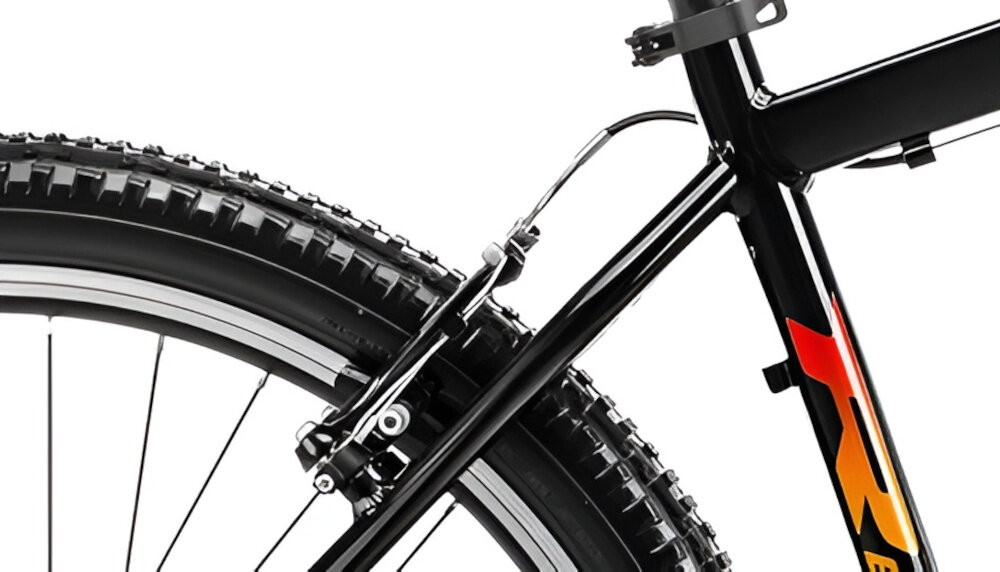 Rower górski MTB ROMET Rambler R6.0 M17 26 cali Czarno-pomarańczowo-czerwony zbliżenie na tylny hamulec podstawa bezpieczeństwa hamulce V-Brake lekkie duża siła hamowania hamulce z przodu i z tyłu podwójny pakiet bezpieczeństwa