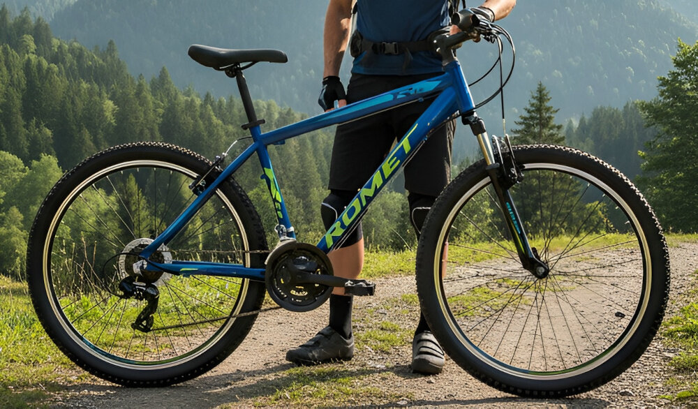 Rower górski MTB ROMET Rambler R6.0 M17 26 cali Niebiesko-limonkowy góry droga niebo osoba stoi przy rowerze na drodze kierownica RMT Components 600 x 31,8 mm aluminiowy wspornik ROMET 60/90/31,8 mm stabilność precyzja prowadzenia antypoślizgowe uchwyty kontrola nad rowerem i bezpieczeństwo waga roweru 14,5 kg