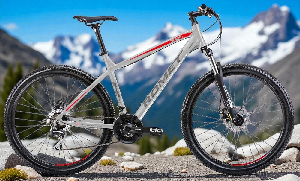 Rower górski MTB ROMET Rambler R7.1 U19 27.5 cala Srebrno-czerwono-grafitowy rower na tle gór nieba środek codziennego transportu relaks pasja uniwersalność