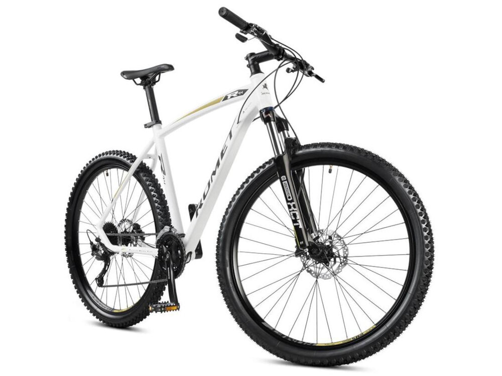 Rower górski MTB ROMET Rambler R7.4 U18 27.5 cala Biało-złoty rower na białym tle widoczny od przodu pod skosem środek codziennego transportu relaks pasja uniwersalność