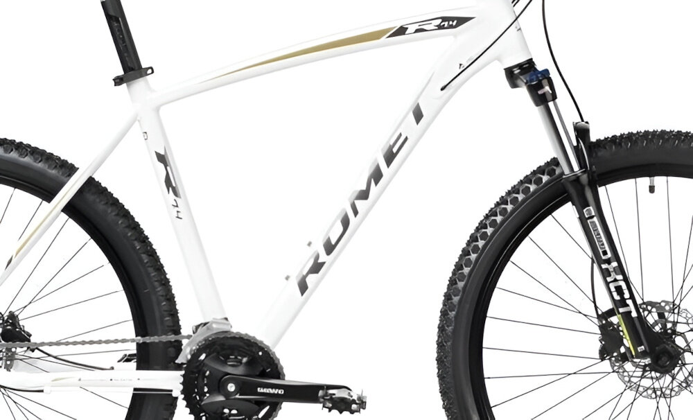Rower górski MTB ROMET Rambler R7.4 U18 27.5 cala Biało-złoty zbliżenie na ramę 18-calowa aluminiowa ramę rower zwinny lekki łatwo go podnieść odporność na korozję wybór rozmiaru ramy Twój wzrost mierzony w zrelaksowanej pozycji typ roweru dla osób o wzroście od 168 do 178 cm