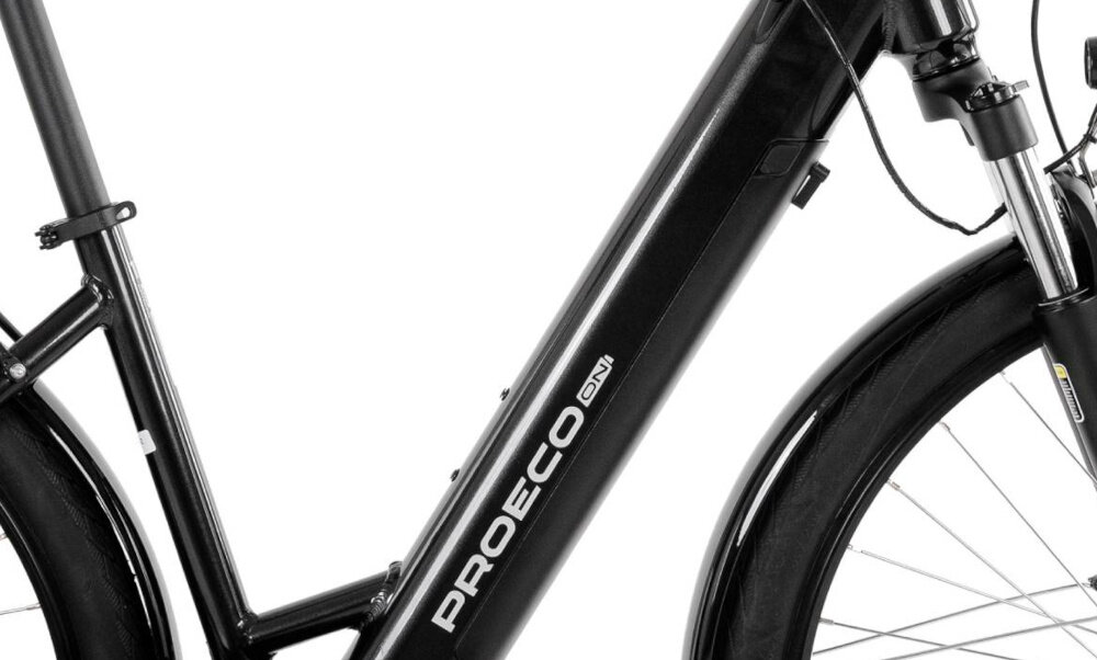 Rower elektryczny PROECO Wave AN 1.0 M19 28 cali Grafitowy zbliżenie na baterię białe tło zasięg do 250 km bateria litowo-jonowa marki GREENWAY napięcie 36 V pojemność 14 Ah 504 Wh czas ładowania około 6-8 godzin żywotność baterii około 500 ładowań bateria w ramie
