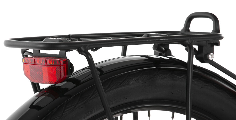 Rower elektryczny PROECO Wave AN 1.0 M19 28 cali Czerwony zbliżenie na bagażnik widoczne tylne światło bagażnik bezpieczne i wygodne przewożenie rzeczy składana stopka w centralnym punkcie ciężkości