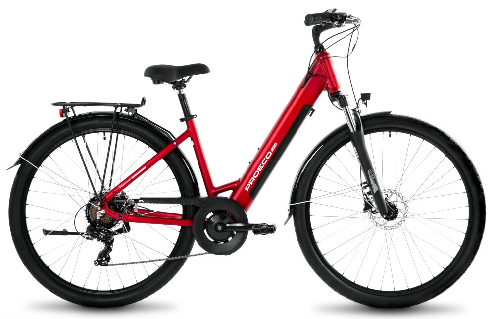 Rower elektryczny PROECO Wave AN 1.0 M19 28 cali Czerwony rower na Czerwonym tle widoczny z boku komfort jazdy odpowiednia kontrola nad rowerem 19-calowa aluminiowa ramę rower jest zwinny lekki łatwo go podnieść odporny na korozję wybór rozmiaru ramy Twój wzrost mierzony w zrelaksowanej pozycji typ roweru