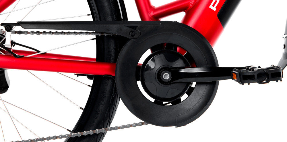 Rower elektryczny PROECO Wave AN 1.0 M19 28 cali Czerwony zbliżenie na osłonę łańcucha korbę i kasetę lekka i wydajna konstrukcja korby CYCLONE RS typu 44T wolnobieg SHIMANO typu 13-28T rower solidny wytrzyma obciążenie nawet w trudnych warunkach wytrzyma bardzo duży nacisk na pedały
