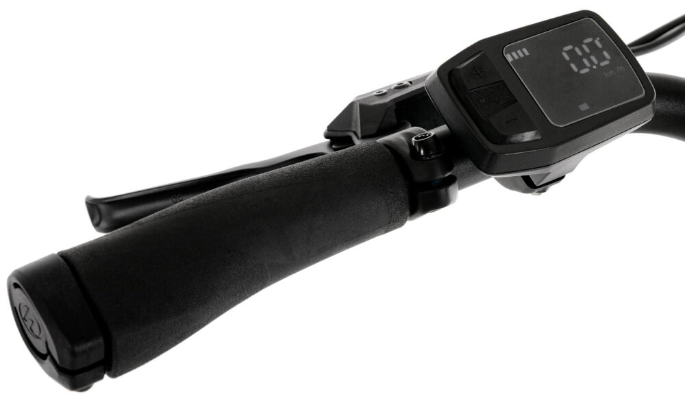 Rower elektryczny PROECO Wave AN 1.0 M17 28 cali Brązowy zbliżenie na wyświetlacz białe tło aluminiowa kierownica antypoślizgowy materiał pewny chwyt komputer pokładowy monitorowanie kluczowych parametrów