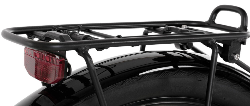 Rower elektryczny PROECO Wave AN 1.0 M17 28 cali Brązowy zbliżenie na bagażnik widoczne tylne światło bagażnik bezpieczne i wygodne przewożenie rzeczy składana stopka w centralnym punkcie ciężkości