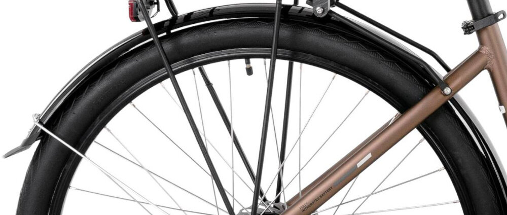 Rower elektryczny PROECO Wave AN 1.0 M17 28 cali Brązowy zbliżenie na tylne koło widoczny błotnik solidne błotniki osłona łańcucha ochrona przed błotem wodą i zabrudzeniami ułatwiają też utrzymanie roweru w czystości podnosi komfort codziennych dojazdów i rekreacyjnych wycieczek
