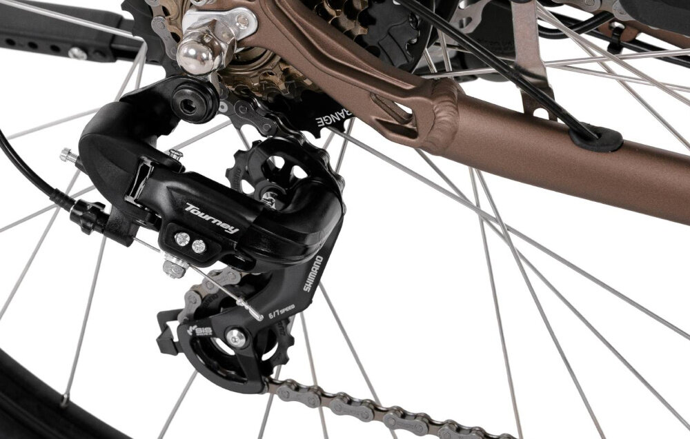 Rower elektryczny PROECO Wave AN 1.0 M17 28 cali Brązowy zbliżenie na przerzutkę manetki SHIMANO Revoshift typu RS35 7 biegów tylna przerzutka SHIMANO Tourney duża wytrzymałość sprawne działanie zmiana biegów jest płynna i bezproblemowa
