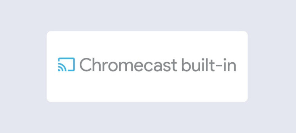 Obraz przedstawia logo z napisem \'Chromecast built-in\' oraz ikoną ekranu z falami po lewej stronie.