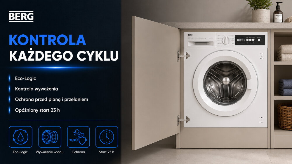 PRALKA BERG BRGPZV85101 Pralka do zabudowy z funkcjami kontroli wyważenia wsadu i opóźnionego startu. Widoczne są także systemy ochronne i Eco-Logic Eco Logic opóźniony start kontrola wyważenia oszczędność wody zabezpieczenie przed przelaniem