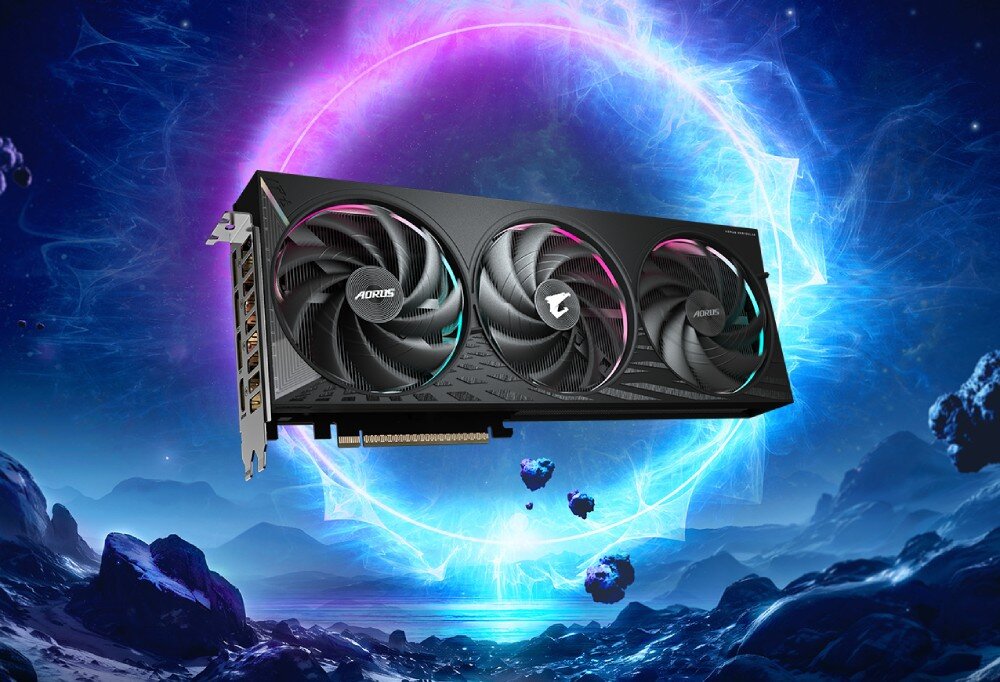 Karta graficzna GIGABYTE GeForce RTX 5060 Aorus Elite 8GB Karta graficzna z trzema wentylatorami widoczna od przodu na tle abstrakcyjnej kosmicznej grafiki z fioletowym pierścieniem