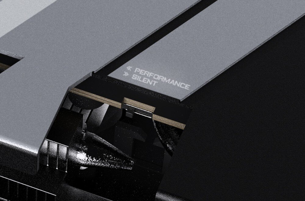 Karta graficzna GIGABYTE GeForce RTX 5060 Aorus Elite 8GB Mały przełącznik suwakowy na krawędzi karty z nadrukowanymi obok opcjami wyboru trybu 'PERFORMANCE' lub 'SILENT'