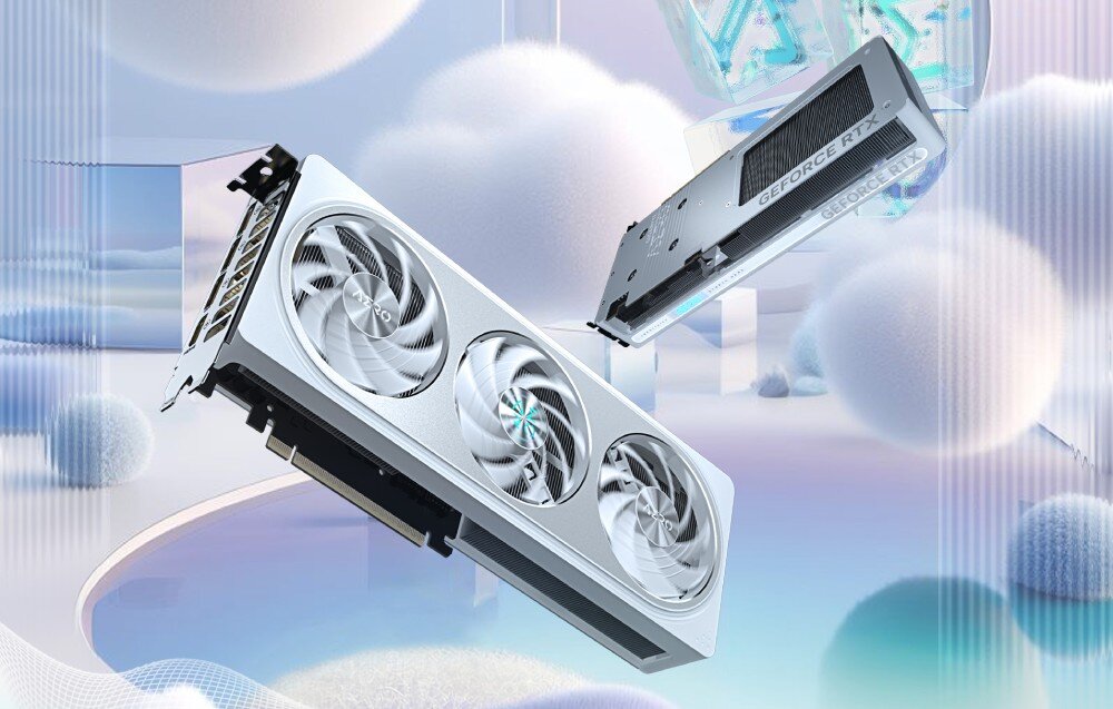 Karta graficzna GIGABYTE GeForce RTX 5060 Aero OC 8GB DLSS 4 w srebrnej obudowie, z trzema wentylatorami i stylowym backplate, zawieszona na futurystycznym tle z lodowymi strukturami