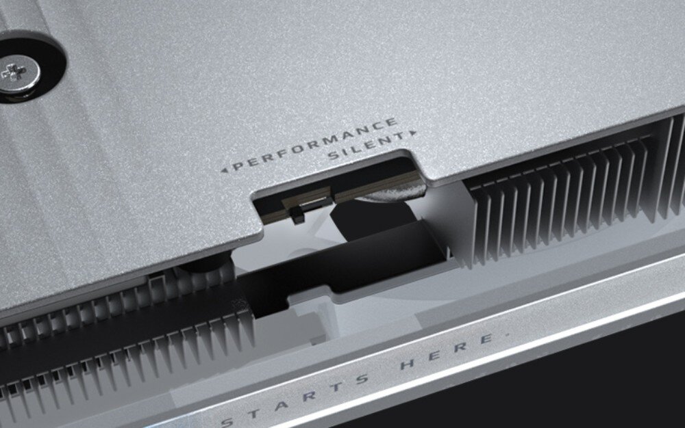 Karta graficzna GIGABYTE GeForce RTX 5060 Aero OC 8GB DLSS 4 Zbliżenie na przełącznik trybów karty graficznej Gigabyte AERO, umożliwiający wybór między trybem wydajnościowym a cichym