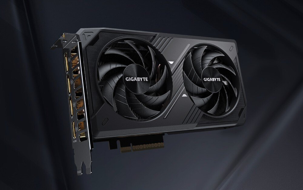 Karta graficzna GIGABYTE GeForce RTX 5060 Windforce OC 8GB karta graficzna z dwoma dużymi wentylatorami i czarną obudową, widok pod kątem na panel z portami, opis