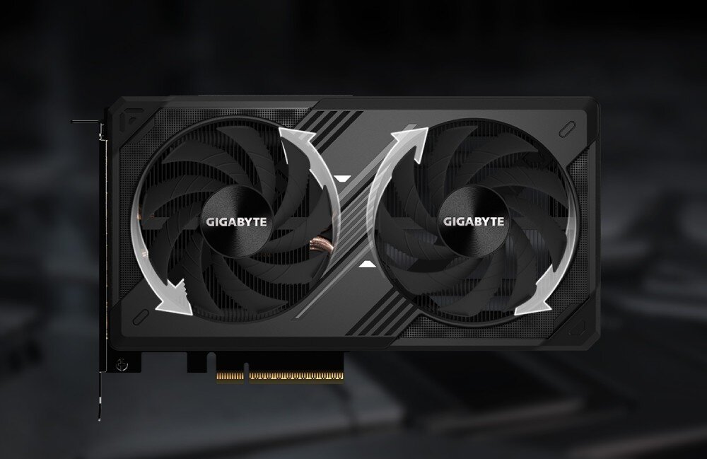 Karta graficzna GIGABYTE GeForce RTX 5060 Windforce OC 8GB widok z góry na kartę graficzną z dwiema turbinami, na których naniesiono strzałki pokazujące kierunek przepływu powietrza, wentylatory