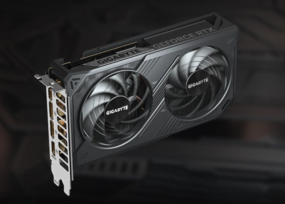 Karta graficzna GIGABYTE GeForce RTX 5060 Windforce OC 8GB karta graficzna z dwoma wentylatorami i napisem 'GeForce RTX' na górnej krawędzi obudowy