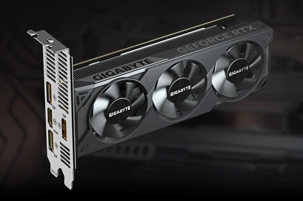 Karta graficzna GIGABYTE GeForce RTX 5060 OC Low Profile 8GB Karta graficzna z trzema wentylatorami i zamontowanym srebrnym śledziem niskoprofilowym widoczna pod kątem