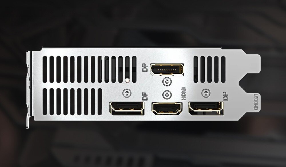 Karta graficzna GIGABYTE GeForce RTX 5060 OC Low Profile 8GB Srebrny panel tylny karty z dwoma rzędami otworów wentylacyjnych oraz czterema złączami wideo w tym HDMI i DisplayPort