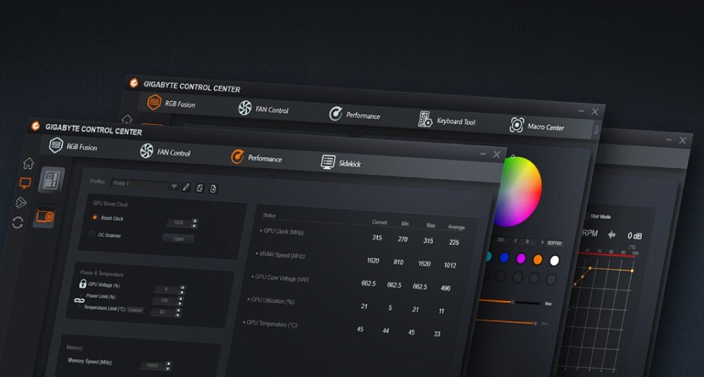 Karta graficzna GIGABYTE GeForce RTX 5060 OC Low Profile 8GB Interfejs oprogramowania 'GIGABYTE CONTROL CENTER' z ciemnym tłem i oknami konfiguracji wentylatorów oraz podświetlenia