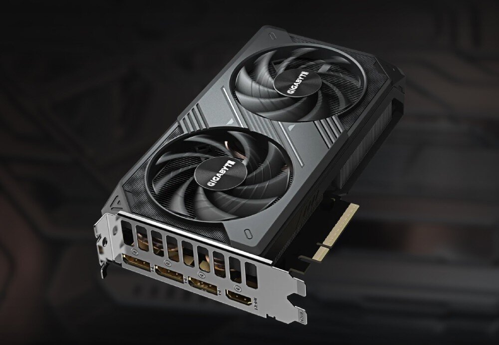 Karta graficzna GIGABYTE GeForce RTX 5060 Windforce 8GB karta graficzna z metalowym panelem wyjść i dwoma wentylatorami, widoczny fragment złączy DisplayPort i HDMI, cechy, chłodzenie