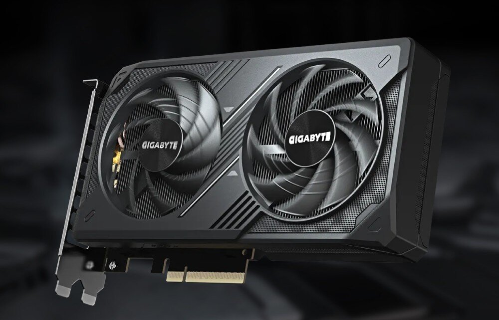 Karta graficzna GIGABYTE GeForce RTX 5060 Windforce 8GB karta graficzna z dwoma wentylatorami przedstawiona z perspektywy bocznej