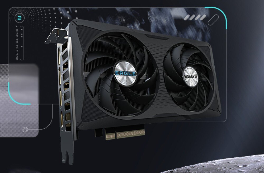 Karta graficzna GIGABYTE GeForce RTX 5060 Eagle OC 8GB Karta graficzna widoczna pod kątem na tle z elementami technologicznymi, ukazująca dwa wentylatory, złącza wideo na śledziu oraz wspornik montażowy, opis