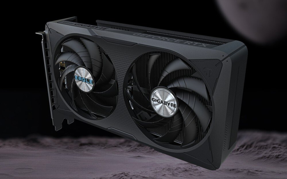 Karta graficzna GIGABYTE GeForce RTX 5060 Eagle OC 8GB Widok na krawędź karty graficznej, ukazujący złącze zasilania, masywny radiator pod obudową oraz białe napisy 'GIGABYTE' i 'GEFORCE RTX', system chłodzenia, rozwiązania, radiatory