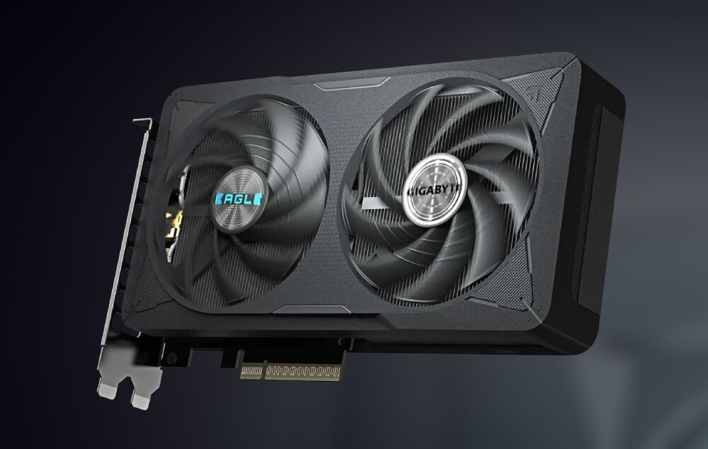 Karta graficzna GIGABYTE GeForce RTX 5060 Eagle OC 8GB Karta graficzna zawieszona w przestrzeni nad powierzchnią przypominającą planetę, oświetlona w sposób podkreślający detale wentylatorów i obudowy, trwałość, komponenty