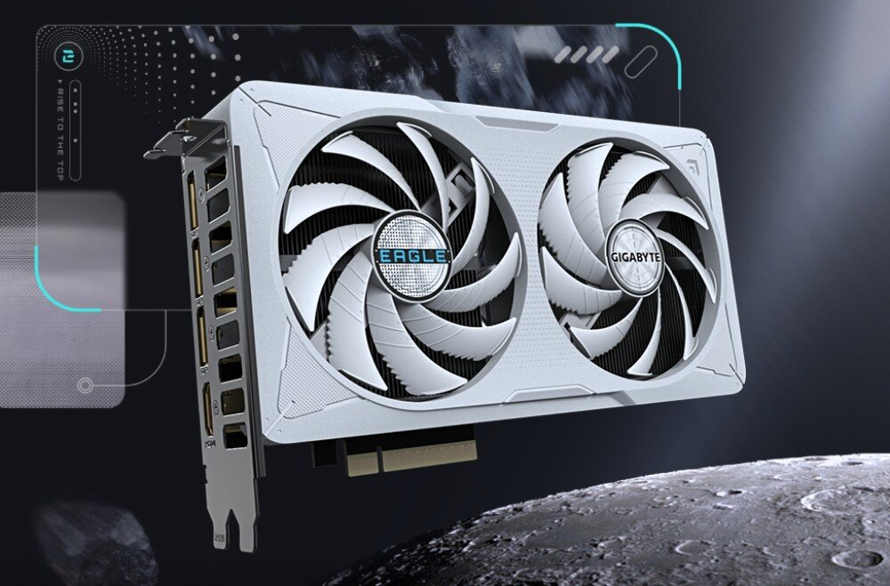 Karta graficzna GIGABYTE GeForce RTX 5060 Eagle Ice OC 8GB Karta graficzna widoczna pod kątem na tle z elementami technologicznymi, ukazująca dwa wentylatory, złącza wideo na śledziu oraz wspornik montażowy, opis