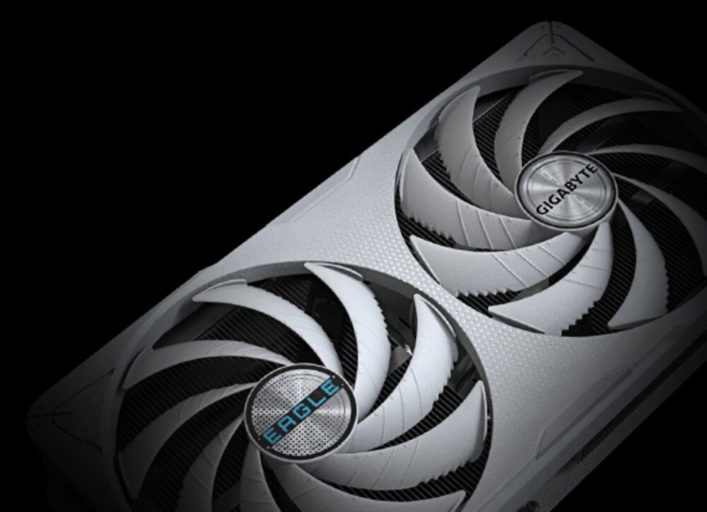 Karta graficzna GIGABYTE GeForce RTX 5060 Eagle Ice OC 8GB Front karty graficznej na ciemnym tle, skupiający uwagę na dwóch wentylatorach z unikalnym kształtem łopatek i srebrnymi środkami z logotypami, wentylatory, tryb półpasywny