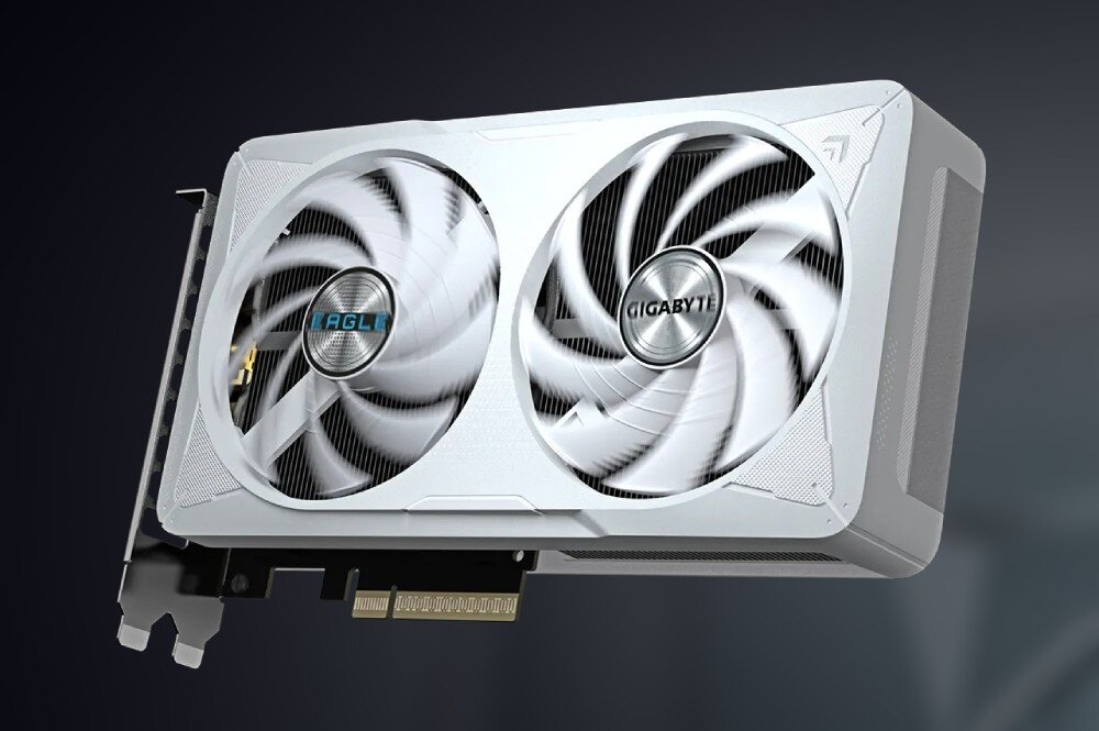 Karta graficzna GIGABYTE GeForce RTX 5060 Eagle Ice OC 8GB Karta graficzna zawieszona w przestrzeni nad powierzchnią przypominającą planetę, oświetlona w sposób podkreślający detale wentylatorów i obudowy, trwałość, komponenty