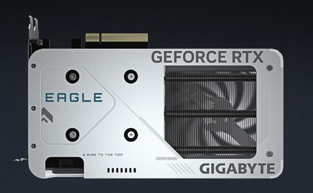 Karta graficzna GIGABYTE GeForce RTX 5060 Eagle Ice OC 8GB Tył karty graficznej z czarną płytką osłaniającą, na której widnieje błękitny napis 'EAGLE', hasło 'RISE TO THE TOP' oraz otwór wentylacyjny odsłaniający radiator, backplate, osłona, złącze