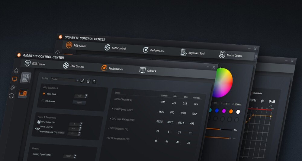 Karta graficzna GIGABYTE GeForce RTX 5060 Eagle Ice OC 8GB Trzy nakładające się na siebie okna aplikacji sterującej, prezentujące ustawienia podświetlenia, krzywą pracy wentylatorów oraz monitorowanie parametrów, aplikacja, funkcje, narzędzia