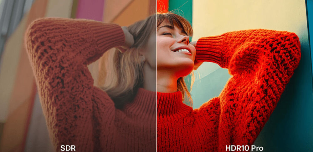Telewizor LG 55NANO81A6A HDR10 Pro kontrast kolory, kobieta z ubranym swetrem