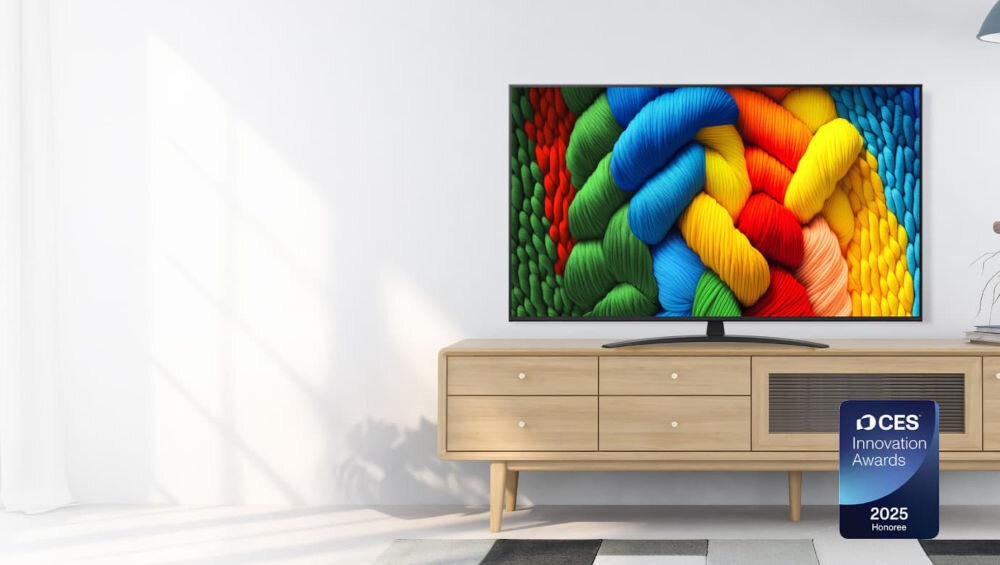 Telewizor LG 65NANO81A6A inteligentny ekran 4K AI, telewizor na komodzie w pomieszczeniu