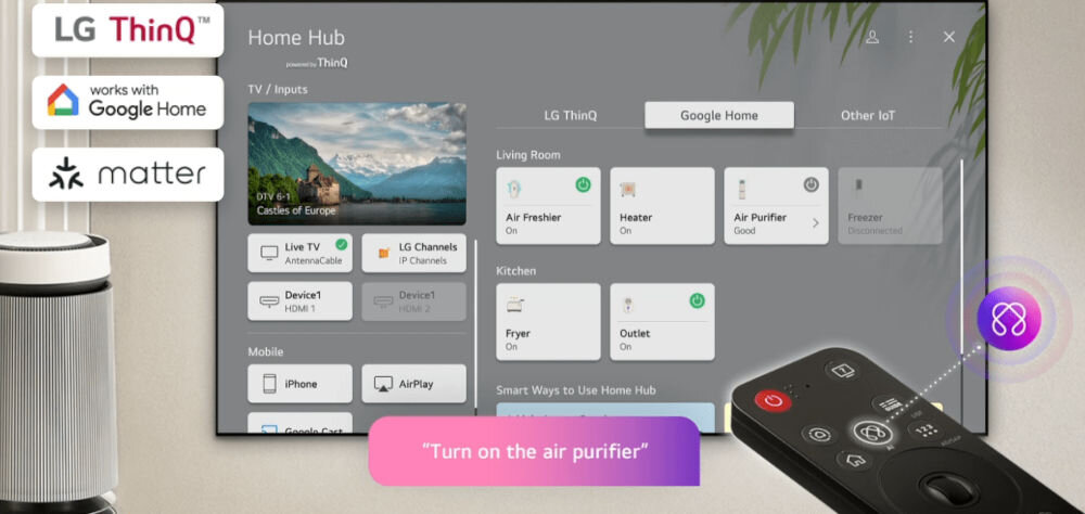 Telewizor LG 65NANO81A6A Home Hub inteligentny dom, telewizor zawieszony na ścianie, pilot wycelowany w tv