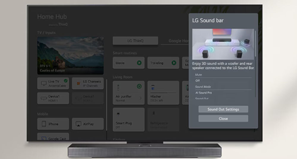 Telewizor LG 65NANO81A6A WOW Interface soundbar głośność, telewizor z soundbarem na jasnym tle