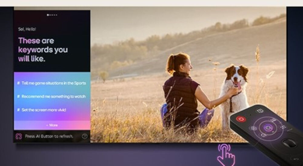 Telewizor LG 75QNED80A6A AI Concierge rekomendacje treści, kobieta z psem siedzaca na łące