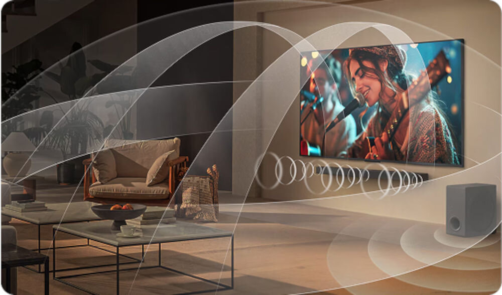 Telewizor LG 65QNED86A6A - Harmonia obrazu i dźwięku, telwizor zawieszony na ścianie w salonie