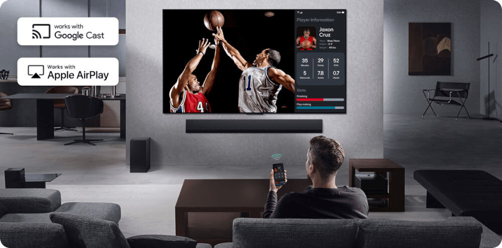 Telewizor LG 65QNED86A6A - Dużo treści na raz, telwizor zawieszony na ścianie w salonie