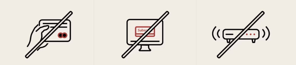 Telewizor LG 75QNED93A6A bez opłat i kabli wygodne oglądanie, przekreślone loga płatności, subskrybcji oraz tunera