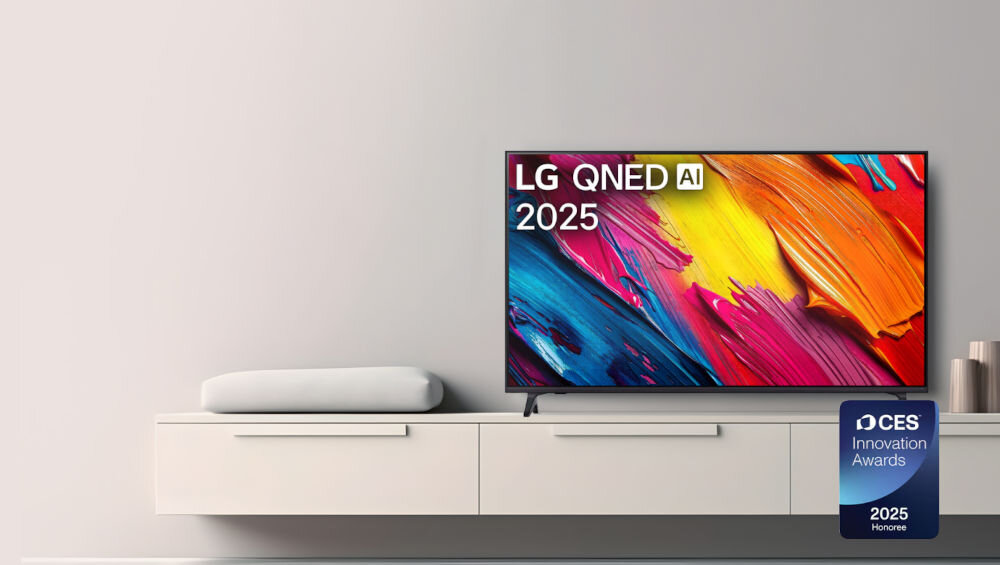 Telewizor LG 43QNED70A6A obraz 4K kolory QNED, telewizor stojacy na szafce rtv w pomieszczeniu