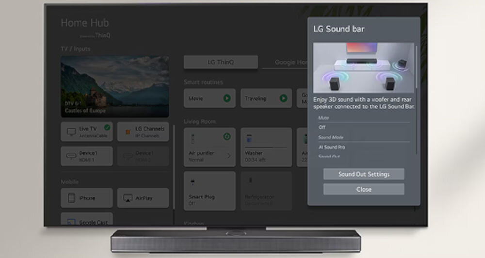 Telewizor LG 43QNED70A6A WOW Interface łatwa obsługa dźwięku, telewizor z soundbarem od frontu na szarym tle
